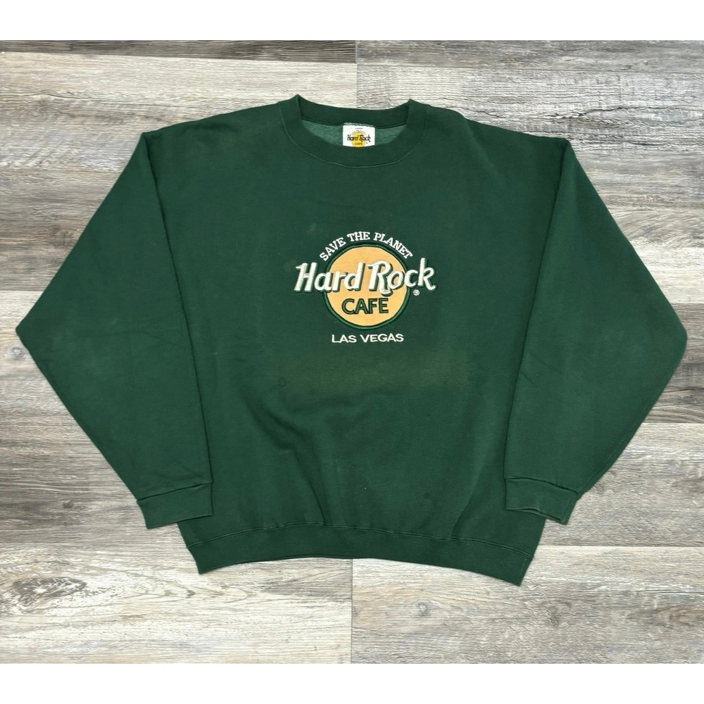 Vintage 90s Hard Rock Cafe Las Vegas Mens Large Green Embroidered Sweatshirt USA - Picture 2 of 8